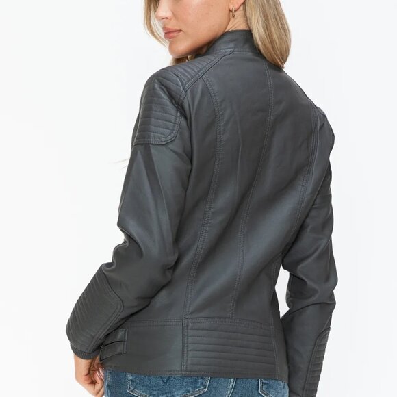 Snobbish Faux Leather Biker Jacket with Side Zip Pockets - Picture 6 of 6